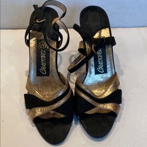 Vintage 1970s Cristobal Black Faux Suede & Gold High Heel Sandals